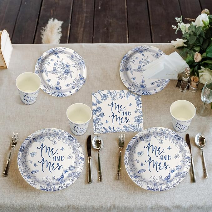 Zhehao 250 Pcs Mr. and Mrs. Bridal Shower Plates Napkins Sets 50 Pcs 9'' Dinner Plates and 7'' Dessert Plate and 9oz Cups 100 Napkins Serves 50 Party Supplies Bridal Shower Engagement Decoration