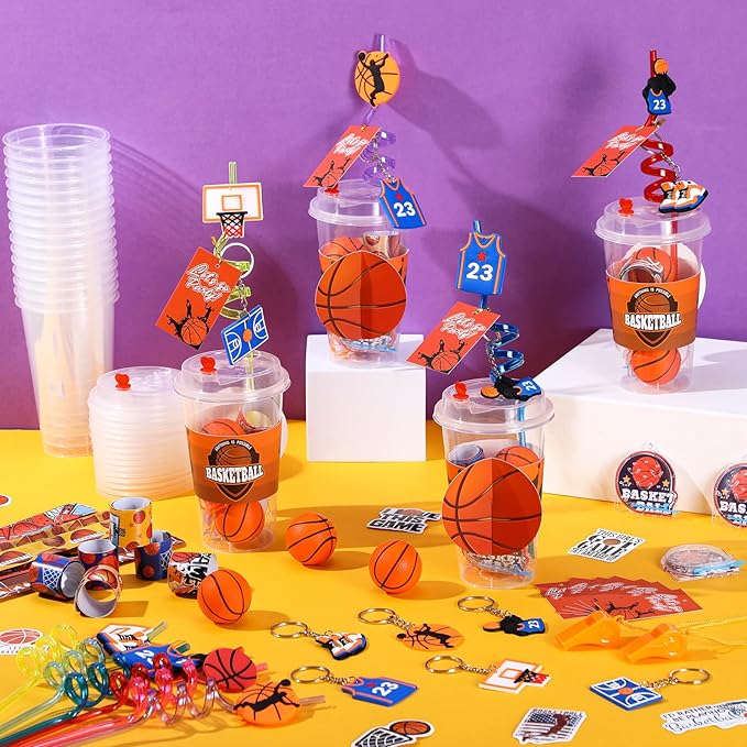 Party Favors Set with Cup Straw Cup Sleeve Bouncy Ball Mini Pinball Machine Keychain Sticker Clap Bracelet Tag for Sport Reward Birthday Gift Party Supplies(195 Pcs,Basketball)