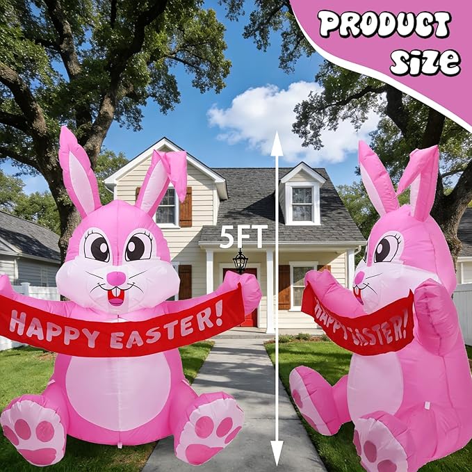 Dearsun 5FT Adorable Easter Inflatable Bunny Holding a Banner, Easter Blow up Yard Decorations Giant Pink Bunny with LED Lights for Holiday Party Indoor Outdoor Decor
