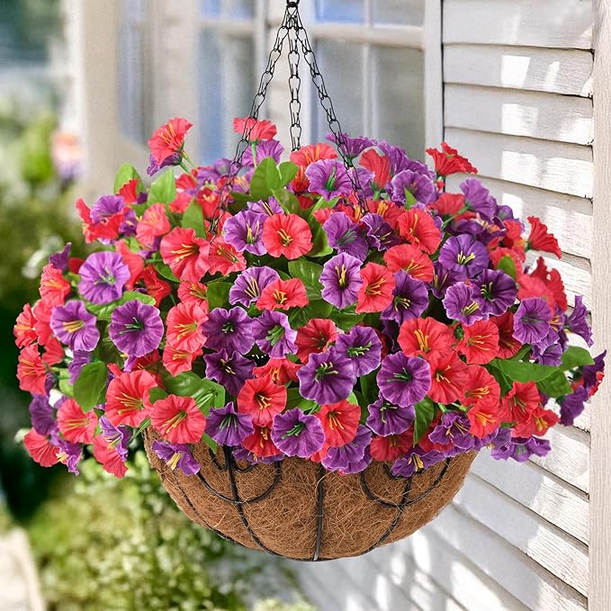 Homsunny Artificial Fake Hanging Flowers with Basket for Outdoors, Faux Silk Petunias Flower Spring Summer Decor UV Resistant Look Real for Home Outside Patio Front Porch Decorations