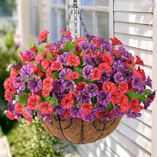 Homsunny Artificial Fake Hanging Flowers with Basket for Outdoors, Faux Silk Petunias Flower Spring Summer Decor UV Resistant Look Real for Home Outside Patio Front Porch Decorations