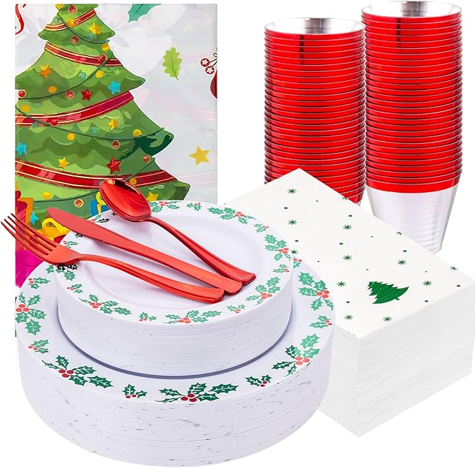 GATHER 176Pcs Christmas Plastic Plates - Heavy Duty Christmas Dinnerware Set Includes 50 Plates, 75 Red Plastic Silverware, 25 Cups, 25 Napkins and 1 Tablecloth for Xmas Party