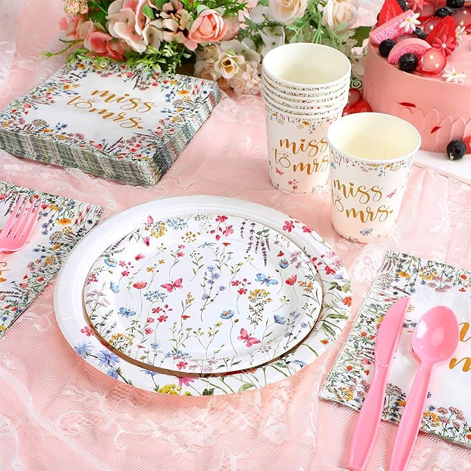 Zhehao 250 Pcs Miss to Mrs. Bridal Shower Plates Napkins Sets 50 Pcs 9'' Dinner Plates and 7'' Dessert Plate and 9oz Cups 100 Napkins Serves 50 Party Supplies Bridal Shower Engagement Decoration