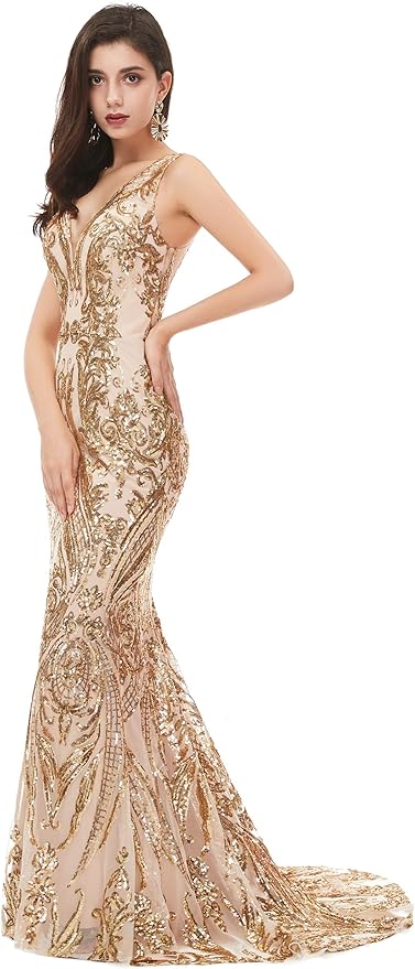 Women's Double V-Neck Sequins Lace-up Mermaid Evening Dress