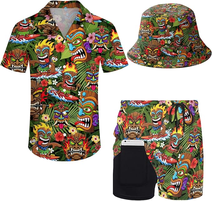Men's Hawaiian Shirt and Shorts Set 2 Piece Beach Outfits with Bucket Hats for Beach Days and Summer Vibes
