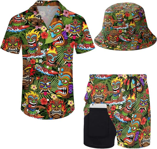 Men's Hawaiian Shirt and Shorts Set 2 Piece Beach Outfits with Bucket Hats for Beach Days and Summer Vibes