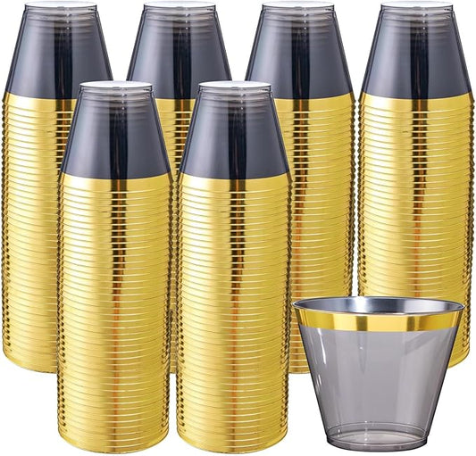 supernal 200 Pcs Gold and Black Plastic Cups,9Oz Gold Rimmed Disposable Cups,Heavy-Duty Plastic Cocktail Glasses for Party,Fancy Party Cups,Perfect for Holiday,Birthday Party Events