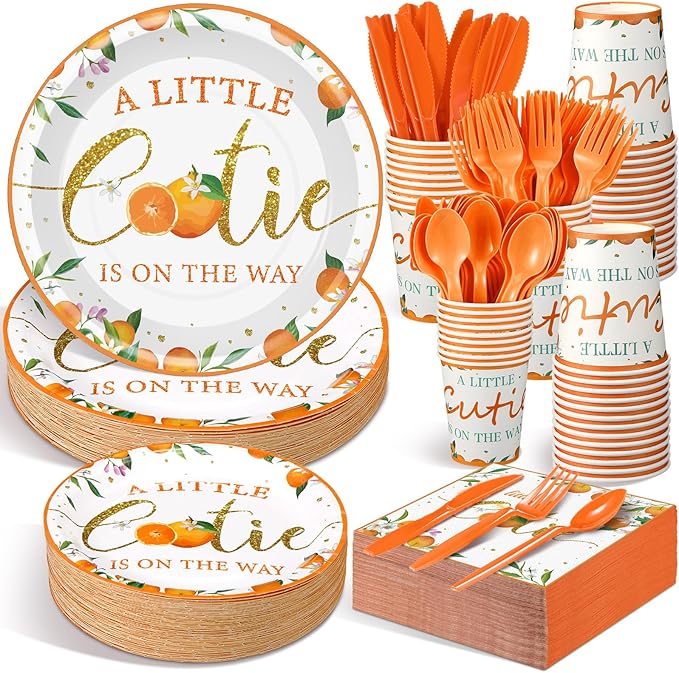 Dandat 350 Pcs Baby Shower Plates Set Baby Shower Party Supplies Serves 50 Tableware Sets Include Plates Napkin Cup Forks Knives Spoons Disposable Dinnerware(Little Cutie,Orange)