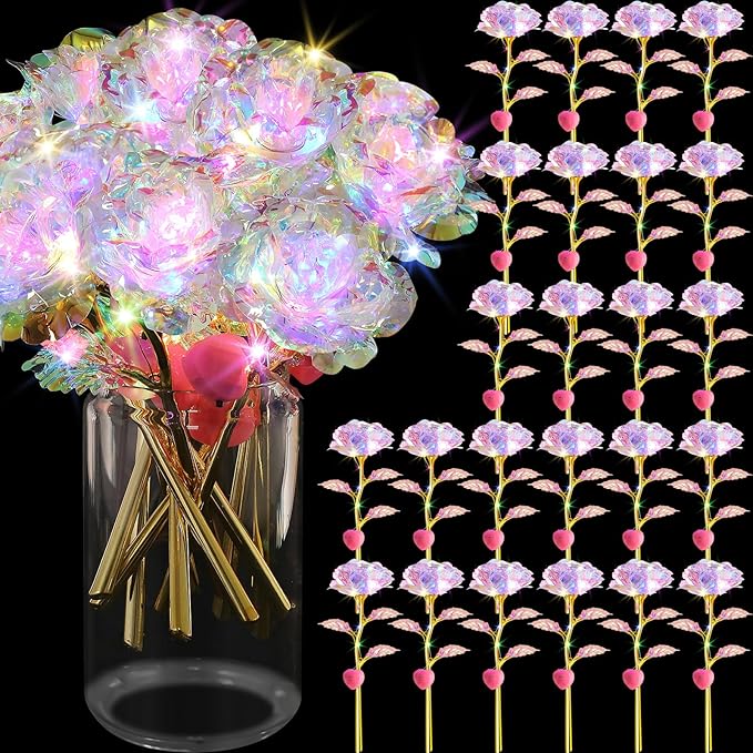 Lyrow 24 Pcs Valentines Galaxy Rose LED Light up Rose Flower Gifts Crystal Artificial Rainbow Flower for Valentine Lover Girlfriend Mom Her Mother's Day Birthday Wedding Gift, 9.84 Inches (White)