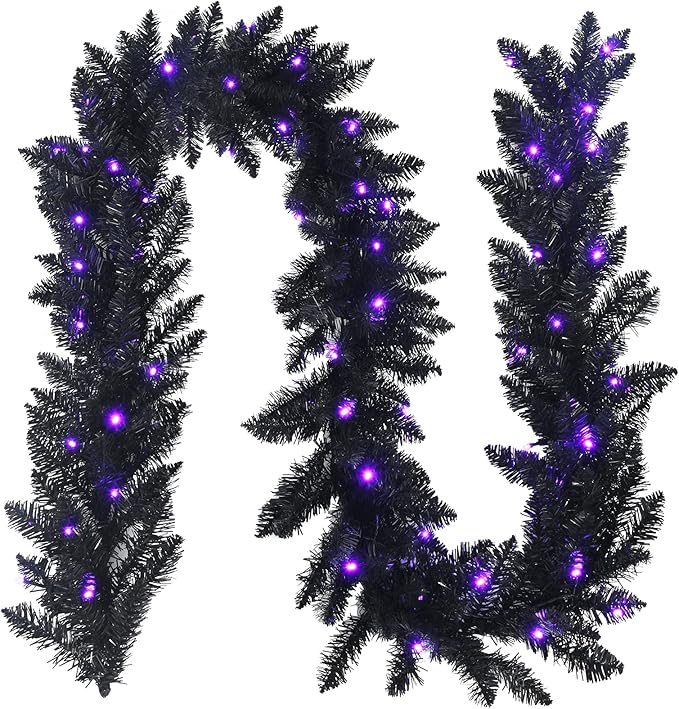 Goplus 9FT Black Christmas Garland with Lights, Pre-lit Artificial Battery Operated Halloween Garland W/ 50 LED Lights, Waterproof Controller with Timer, Xmas Decorations for Indoor Stairs Fireplace