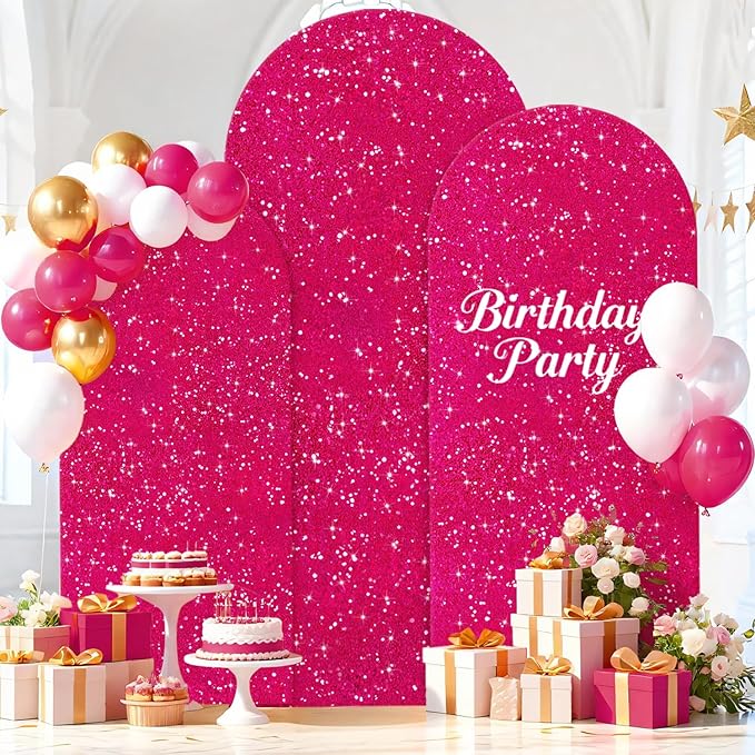 FUHSY Arch Backdrop Cover Set of 3 Hot Pink Arch Covers Stretchy Backdrop 7.2FT, 6.6FT, 6FT Balloon Chiara Backdrops Arched Cover Spandex Sequin Fabric for Birthday Party Baby Shower Ceremony Decor