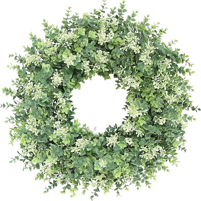 26IN Large Boxwood Wreath for Front Door Green Faux Wreaths Spring Summer Artificial Boxwoods Leaves Door Wreath with White Seeds Greenery Outdoor Indoor Window Porch Wall Home Door Decor All Season
