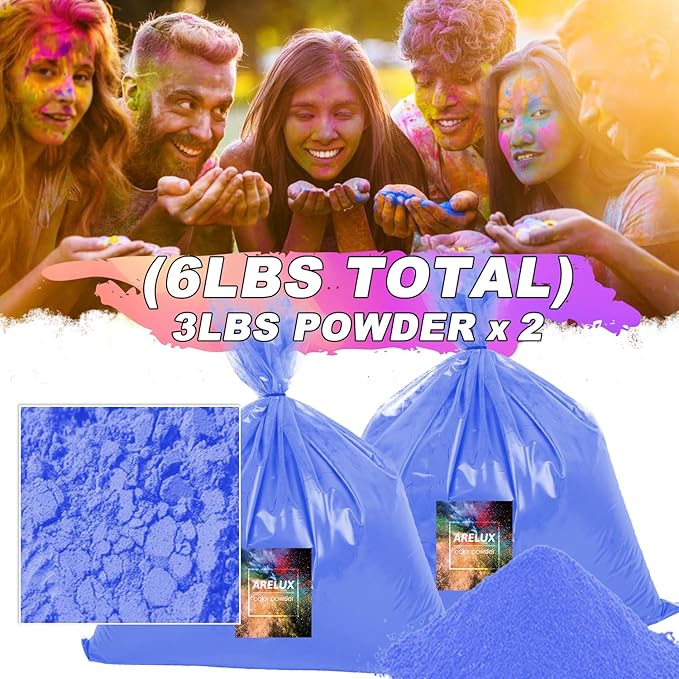 ARELUX Sapphire Blue Color Powder - 6lbs Bulk (2x3lb) for Color Wars, Powder War & Fun Events | Durable Individual Packets, Vibrant Holi Powder for Gender Reveal, Run, Rangoli, Parties | Non-Toxic