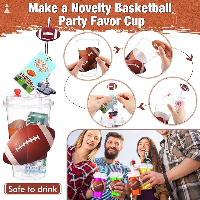 Party Favors Set with Cup Straw Cup Sleeve Bouncy Ball Mini Pinball Machine Keychain Sticker Clap Bracelet Tag for Sport Reward Birthday Gift Party Supplies(195 Pcs,Football)