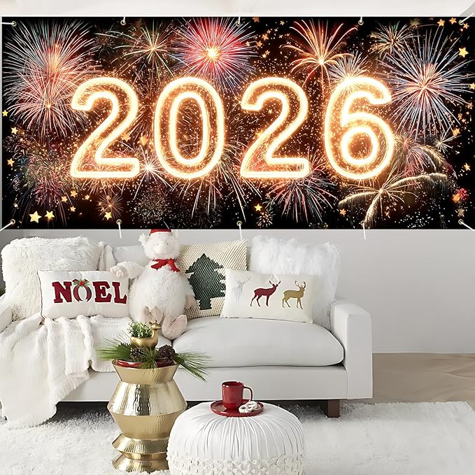 2026 New Year Garage Door Banner 7x16FT, Neon Glow 2026 Fireworks Garage Door Cover, Large Outdoor Happy New Year Decoration Backdrop for Garage Door, Fence, Yard, Party Photo Booth