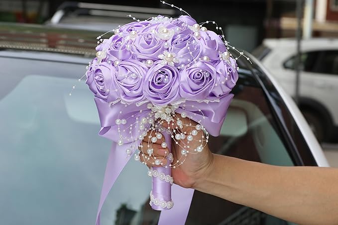 Handmade Wedding Bouquets for Bride Bridesmaid Brooch Artificial Holding Flower Tossing Bouquet(Light Purple,19cm,1PC)