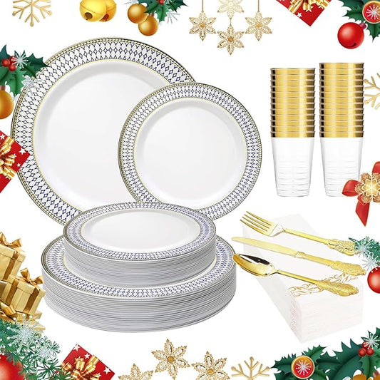MENDENG 175pcs Plastic Plates for Party Plates Disposable Heavy Duty Platos Desechables Elegantes, Thanksgiving Christmas Plates Disposable with Cups and Napkins and Gold Cutlery Set
