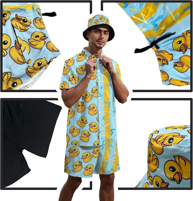 Men's Hawaiian Shirt and Shorts Set 2 Piece Beach Outfits with Bucket Hats for Beach Days and Summer Vibes
