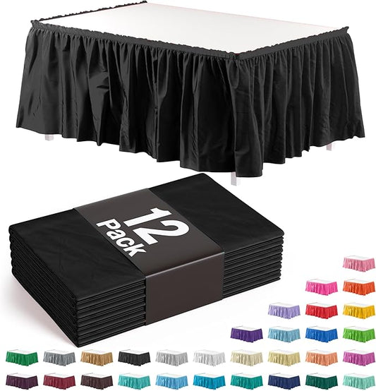 Exquisite Ruffle Table Skirt Black Pack Of 12, 14 Ft Long Table Skirts for Rectangle Tables 6ft Plus or Round Tables Skirts with Adhesive Strip for Gender Reveal Decor & Happy Birthday Parties