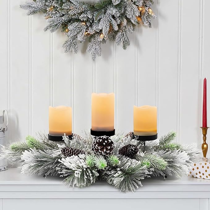 Christmas Centerpiece Table Decorations, Handcrafted Snowy Pine Cones and Pine Needles with 3 Candle Holders for Dining Table Fireplace Mantel - 27.5 in