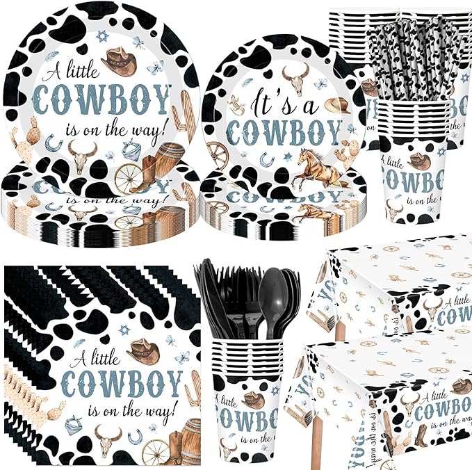 452 Pcs Cowboy Baby Shower Party Decorations Include a Little Cowboy Is on the Way Paper Plates Napkins Cups Tablecloth Cutlery Straws for girl Girl Baby Shower Party Supplies