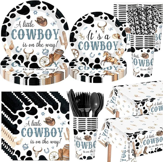 452 Pcs Cowboy Baby Shower Party Decorations Include a Little Cowboy Is on the Way Paper Plates Napkins Cups Tablecloth Cutlery Straws for girl Girl Baby Shower Party Supplies