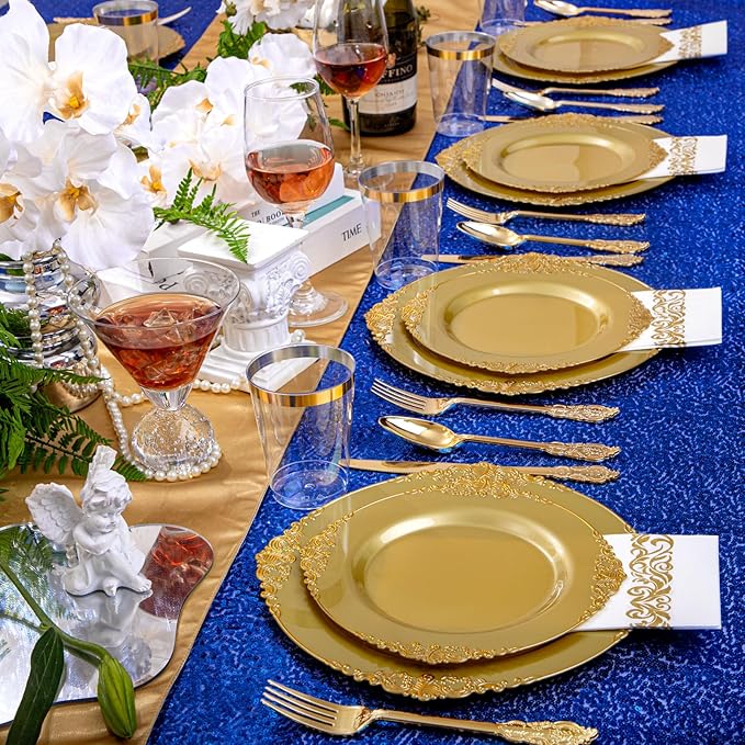 Morejoy 175PCS Solid Gold Plastic Plates with Gold Rim，gold disposable dinnerware sets Include 25 Dinner Plates,25 Dessert Plates,25 Cutlery Sets,25 Napkins Perfect for Party & Christmas