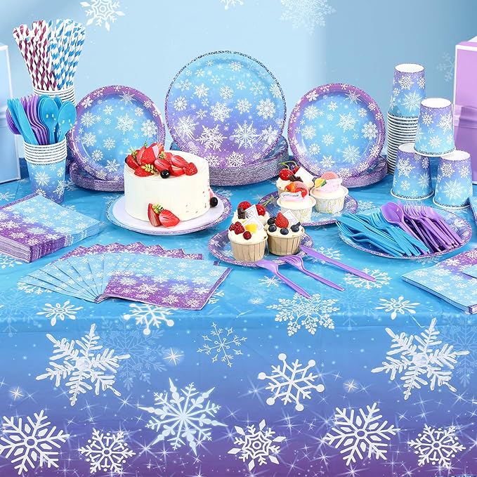 452 Pcs Winter Snowflake Party Decorations Purple Blue Wonderland Disposable Paper Plates Napkins Cups Tablecloth Cutlery Straws for Christmas Holiday Birthday Party Supplies