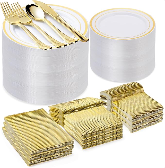BESTVIP 600PCS Gold Plastic Plate Set (100 Guests), Plastic Plates for Party Wedding Birthday, Disposable Dinnerware Set of 200 Plates, 200 Forks, 100 Spoons, 100 Knives for Christmas