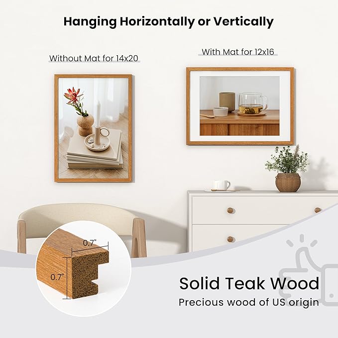 Axeman 14x20 Picture Frame - Solid Teak Wood 14 x 20 Picture Frame With Mat for 12x16, 14x20 Wood Poster Frame, Tempered Glass and Hanging Hardware Included Home Decor Hanging Frame, Natural Teak