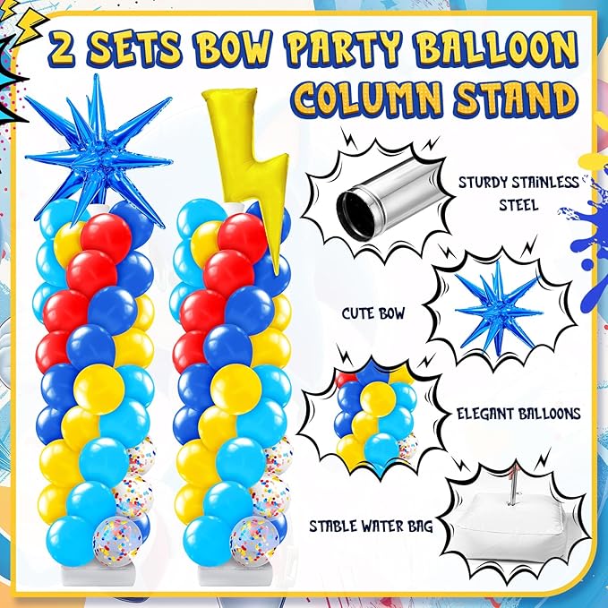 Kasyat 2 Set Red Blue Yellow Balloon Column Stand Kit Cartoon Hedgehog Explosion Star Foil Balloons Arch Garland Kit with Adjustable Stand for Carnival Circus Birthday Party Decorations