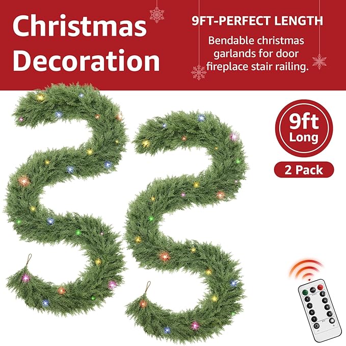 Cedar Christmas Garland for Mantle - 2 Pack Decorations with Lights 9 ft Realistic Lighted Faux Pine Garlands for Xmas Indoor Outdoor Prelit Decoration 9ft Garland for Door Stairs Railing Fireplace