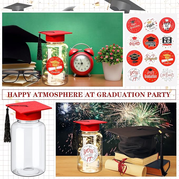 Boao 16 Sets Graduation Table Decoration Set with LED Light up Graduation Decorations for Class of 2026, Grad Jar, Felt Grad Hat and Stickers for High School College(Red)