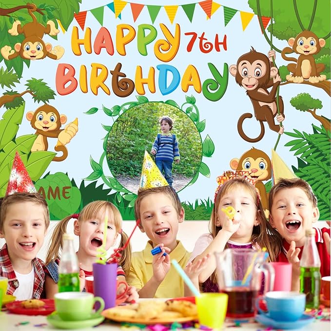 Custom Monkey Jungle Safari Happy Birthday Party Decorations Supplies Personalized Monkey Jungle Safari Green Birthday Backdrop Banner(6x9ft)