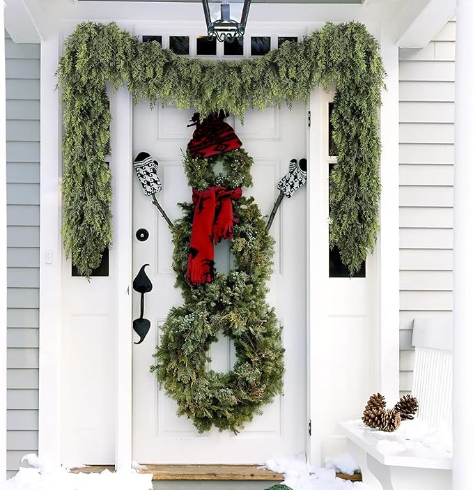 Cedar Christmas Garland for Mantle - Decorations with Lights 9ft Realistic Lighted Faux Pine Garlands for Xmas Home Decoration Indoor Stairs Railing Fireplace Outdoor 9 ft Prelit Garland Door Decor