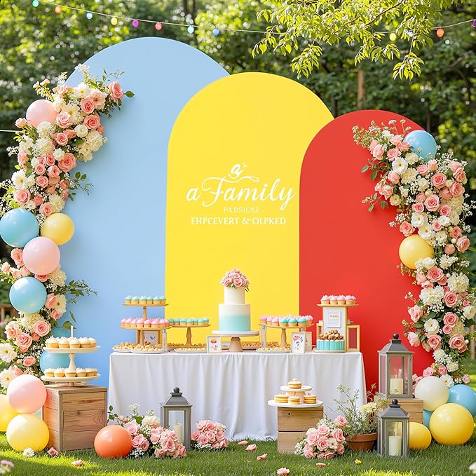 Red Yellow Blue Arch Backdrop Cover 3 Set-7.2FT, 6.6FT, 6FT Spandex Fitted Wedding Arch Stand Covers for Baby Shower Birthday Party Wedding Ceremony Photo Balloon Arch Stand Background Decorations