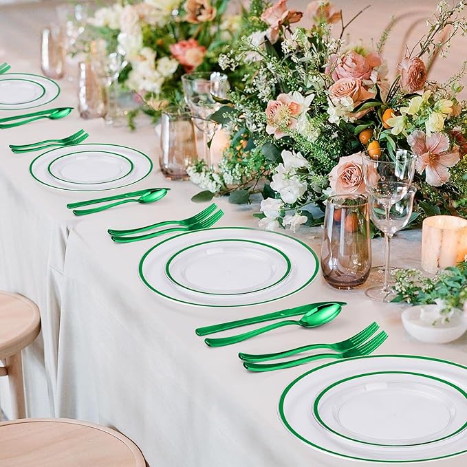 Beststar 350PCS Green and Clear Plastic Dinnerware Sets for 50 Guests, Include 100 Green Disposable Plates, 100 Forks, 50 Knives, 50 Spoons, 50 Cups