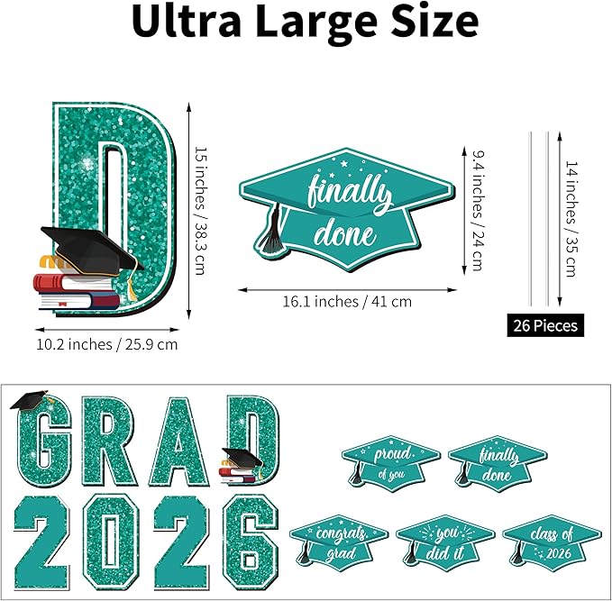 Aneco Waterproof 2026 Grad Yard Signs Plastic Graduation Yard Signs Party Outdoor Lawn Decorations 16 Inches Glitter Congrats Grad Lawn Sign with Stakes for Outdoor Party Garden Decor (Teal)