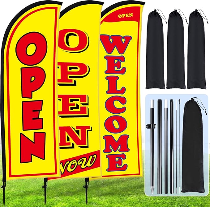 Buryeah 3 Sets Now Open Feather Flag Banner for Business Advertising 7 Feet Tall Grand Opening Feather Flag Sign with Fiberglass Pole Kit Rotating Ground Spike and Portable Bag (Yellow)