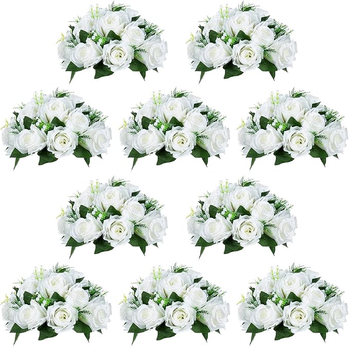 NUPTIO White Flower Centerpieces for Tables: 10 Pcs Artificial Flower Ball Arrangement for Wedding Party - 9.5 Inch Diameter Fake Floral Rose for Bridal Shower Decorations