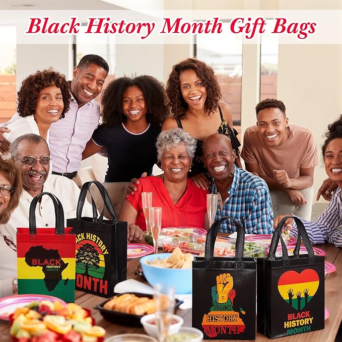 Wesnoy 48 Pcs Black History Month Gift Bags: Reusable Non-Woven Goodie Bags Bulk with Handles - 9.84 x 7.87 Inch Treat Totes for Black History Celebration African BHM MLK Party Decor Supplies