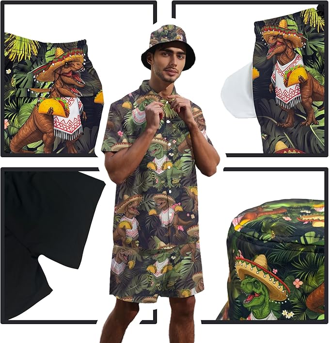 Men's Hawaiian Shirt and Shorts Set 2 Piece Beach Outfits with Bucket Hats for Beach Days and Summer Vibes