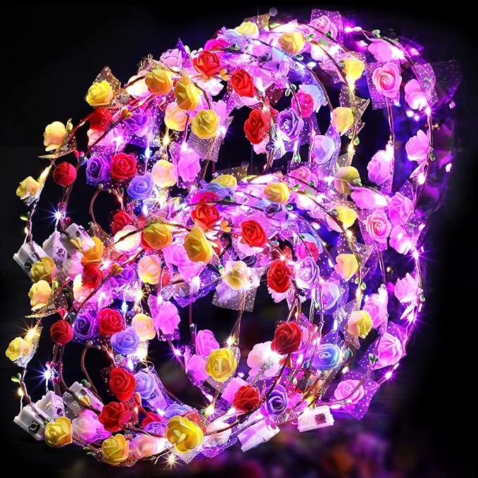 Chumia 50 Pcs LED Flower Crowns Headbands Light up Flower Wreath Garlands Glow in the Dark Floral Headpiece Hair Accessories for Women Valentine Mardi Gras Birthday Cosplay Holiday Wedding Beach Party