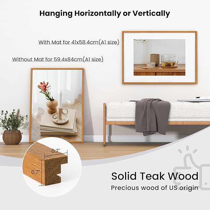 Axeman A1 Picture frame with mat for A2, Tempered Glass and Hanging Hardware Included Natural Teak Home Decor Art Hanging Poster Frame, Natural Teak