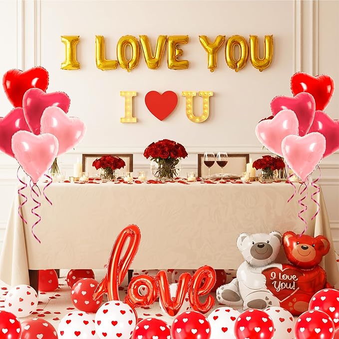 Auihiay Valentines Day Decorations Kit - 236 Inch Hearts LED String Lights, 2000 Rose Petals, XO Heart Garland, I LOVE YOU Light Board & Heart Foil Balloons for Valentine Proposal Wedding Anniversary