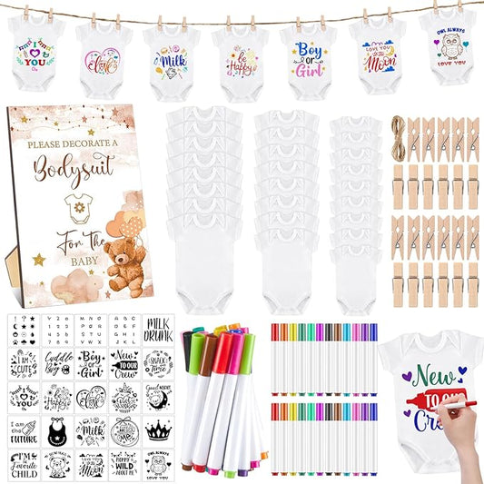 Panitay 126 Pcs Baby Shower DIY Bodysuit Set Bib 25 Blank White Newborn Bodysuit 25 Stencils 24 Marker 1 Sign 50 Pins(Bear)