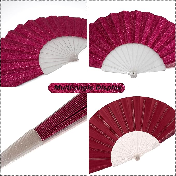 24 Pack Handheld Fan,Folding Hand Glitter fan with Shining Transparent Fan Rib – Ideal for Wedding, Church, Festival, Dance, Tea Party, Club, and EDM Accessories, Deep pink