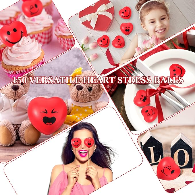 BBTO 150 Pcs Valentine's Day Stress Relief Balls 3 Styles Heart Smile Face Foam Balls Stress Relief Toys Party Favors for Teens Adults Student School Prizes Gift Bag Fillers(Red)