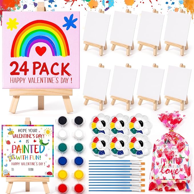 Valentines Day Gifts for Kids, 24 Set Mini Acrylic Paint Kit with Valentines Day Cards, Wood Easel, Canvases, Painting Kits for Kids Girls Boys, Party Favor Valentine Exchange Gift Class Prize