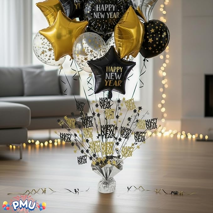 PMU 12Pc New Year's Eve Bursting Centerpiece for Table Decor, Table Balloon Weights| for Theme Party Decorations Supplies Silver |15in
